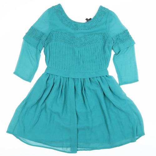 Topshop Women Green Size 8 Fit & Flare Embroidered Party Dress
