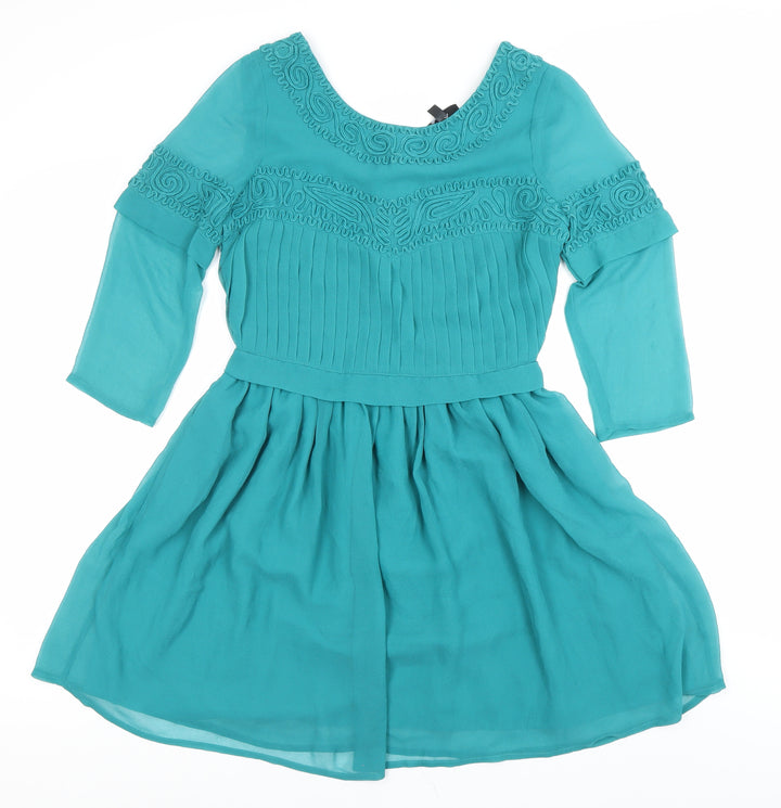 Topshop Women Green Size 8 Fit & Flare Embroidered Party Dress
