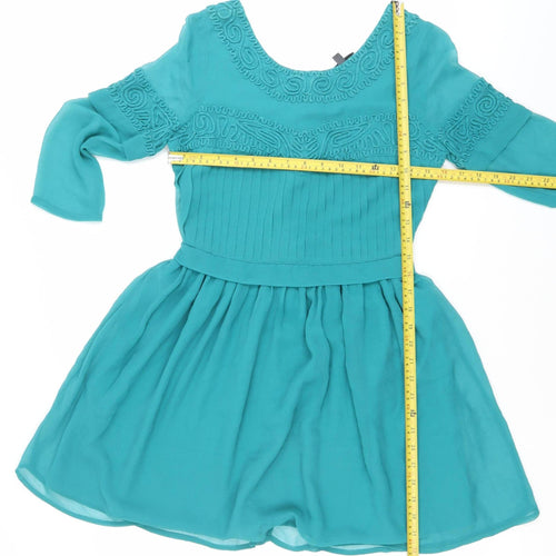 Topshop Women Green Size 8 Fit & Flare Embroidered Party Dress