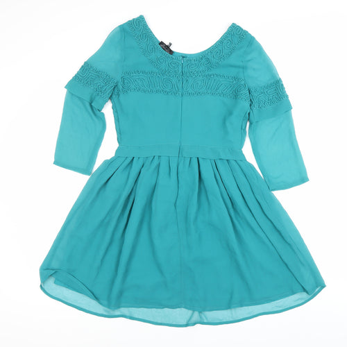 Topshop Women Green Size 8 Fit & Flare Embroidered Party Dress
