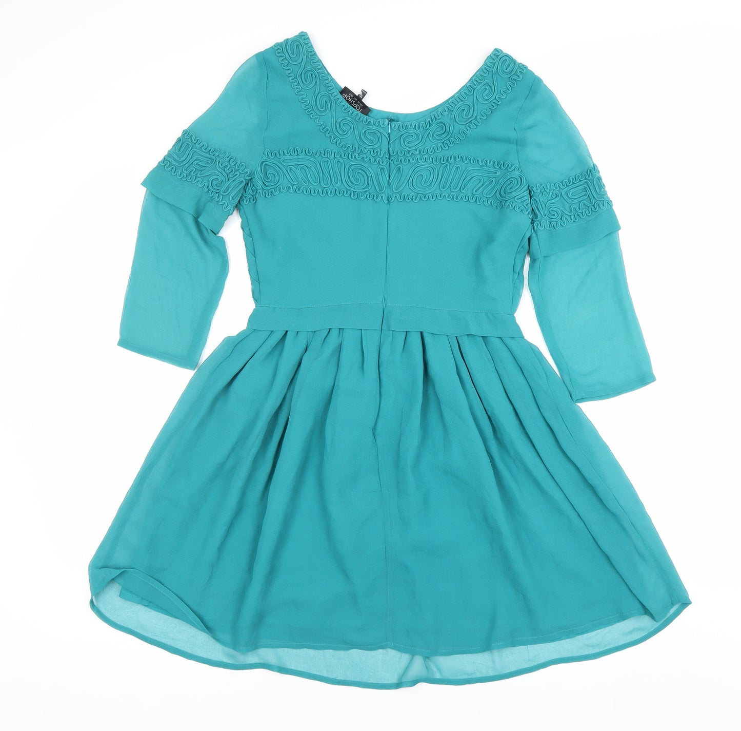 Topshop Women Green Size 8 Fit & Flare Embroidered Party Dress