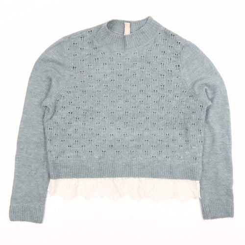 H&M Divided Women’s Blue Lace Hem Crew Neck Open-Knit Jumper Size M