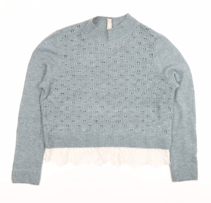 H&M Divided Women’s Blue Lace Hem Crew Neck Open-Knit Jumper Size M