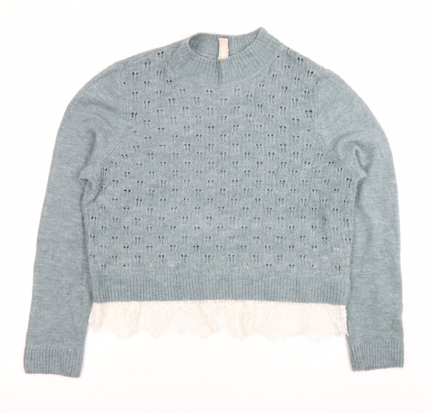 H&M Divided Women’s Blue Lace Hem Crew Neck Open-Knit Jumper Size M