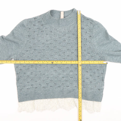 H&M Divided Women’s Blue Lace Hem Crew Neck Open-Knit Jumper Size M