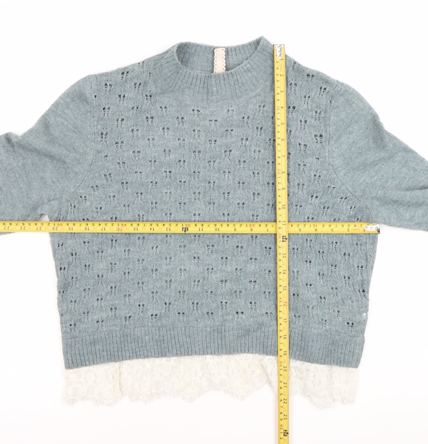 H&M Divided Women’s Blue Lace Hem Crew Neck Open-Knit Jumper Size M