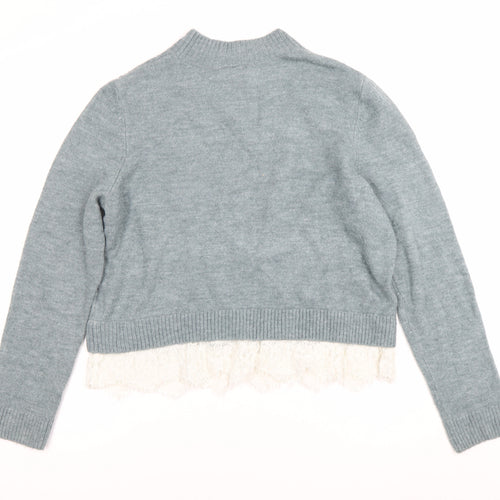 H&M Divided Women’s Blue Lace Hem Crew Neck Open-Knit Jumper Size M