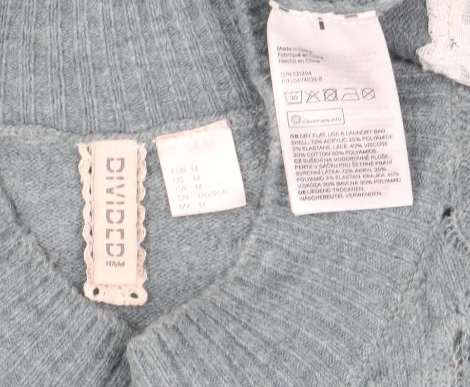 H&M Divided Women’s Blue Lace Hem Crew Neck Open-Knit Jumper Size M