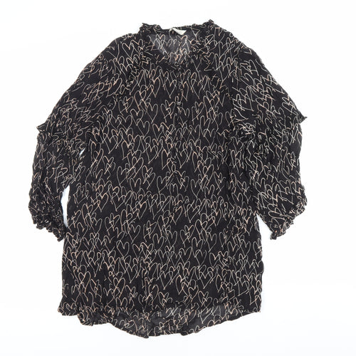 Monsoon Women Black Heart Print Tunic Blouse Size 10 Long Sleeve