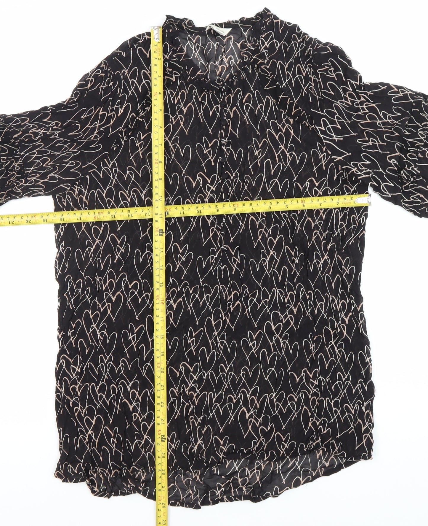 Monsoon Women Black Heart Print Tunic Blouse Size 10 Long Sleeve