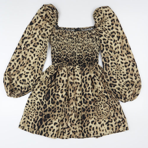 PrettyLittleThing Women’s Brown Leopard Mini Dress Size 2 Puff Sleeve