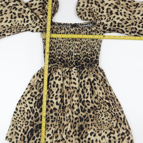 PrettyLittleThing Women’s Brown Leopard Mini Dress Size 2 Puff Sleeve