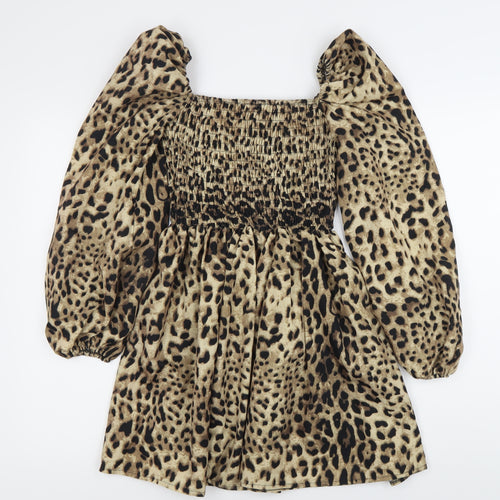 PrettyLittleThing Women’s Brown Leopard Mini Dress Size 2 Puff Sleeve