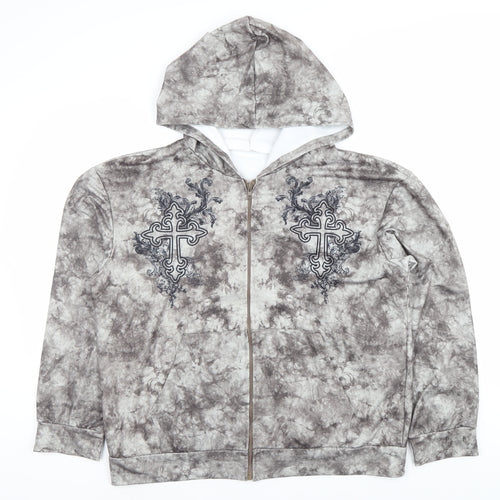 ROMWE Women’s Grey Tie-Dye Full Zip Hoodie Size 12 Embroidered Cross