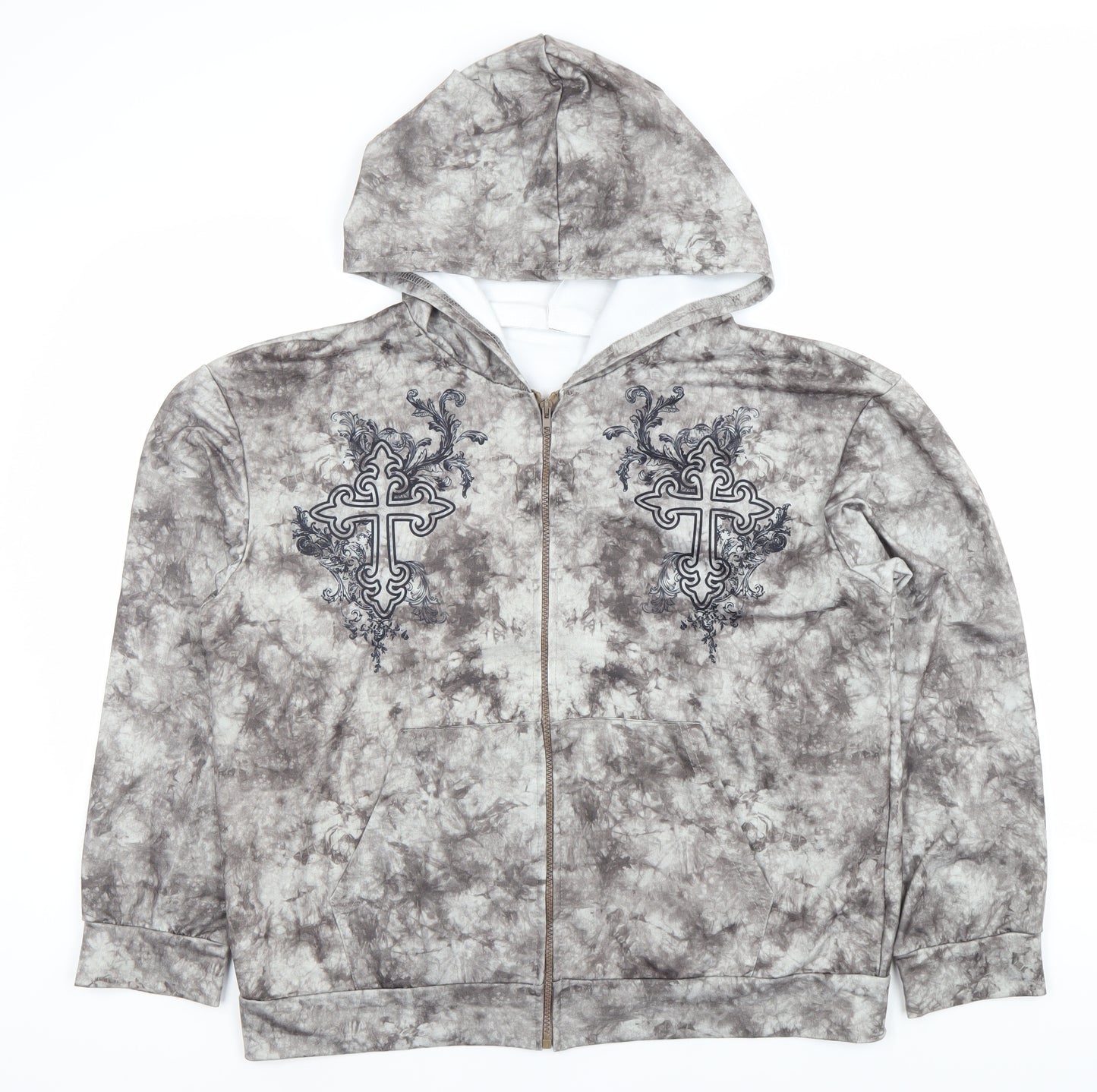 ROMWE Women’s Grey Tie-Dye Full Zip Hoodie Size 12 Embroidered Cross
