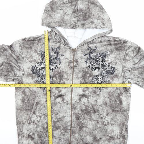 ROMWE Women’s Grey Tie-Dye Full Zip Hoodie Size 12 Embroidered Cross