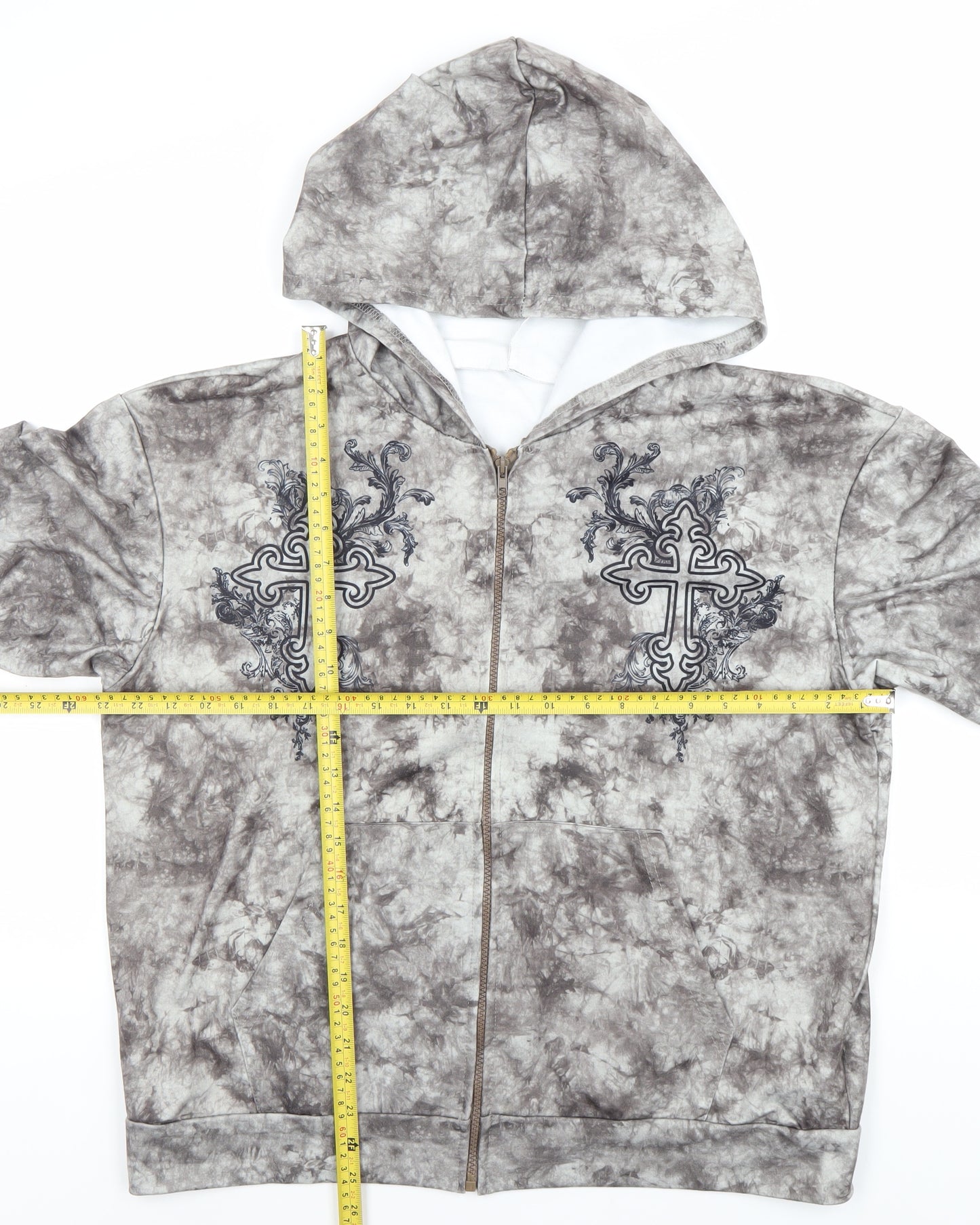 ROMWE Women’s Grey Tie-Dye Full Zip Hoodie Size 12 Embroidered Cross