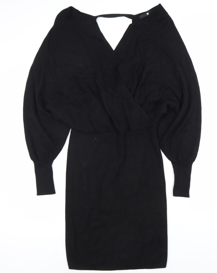 Very Women's Black Size 14 Knit Bodycon Dress Long Sleeve V-Neck