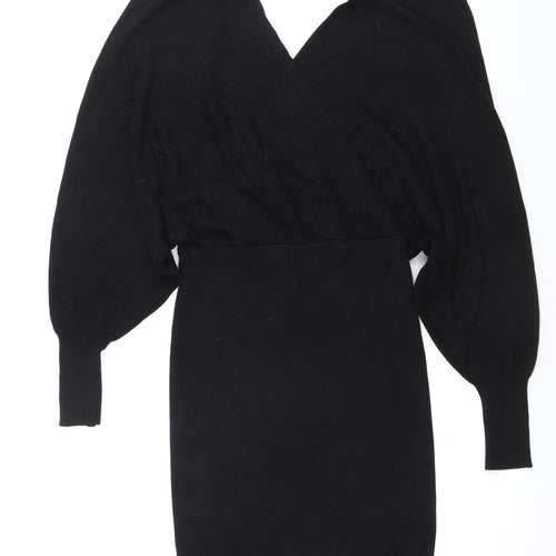 Very Women's Black Size 14 Knit Bodycon Dress Long Sleeve V-Neck