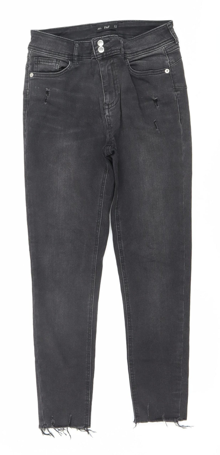 F&F Women's Black Skinny Jeans UK 10 Regular Fit Distressed Denim