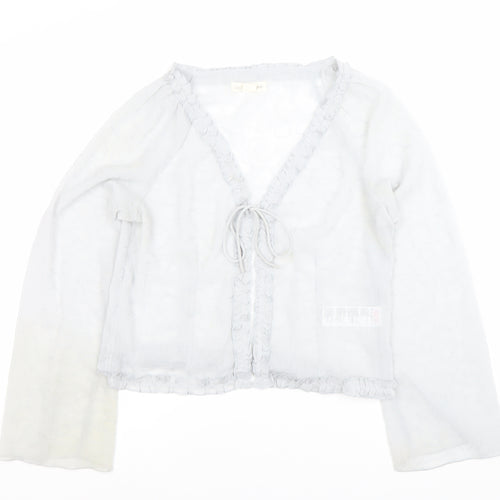 Light Before Dark Women’s Grey Wrap Blouse L Ruffle Tie Sheer Spring