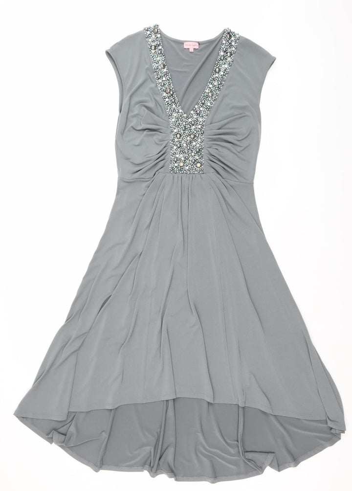 Frank Lyman Women's Grey Size 12 Beaded V-Neck Fit & Flare Dress