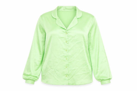 Front view of Flounce London Women’s Green Satin Button-Up Shirt, size UK 12, Regular Fit
