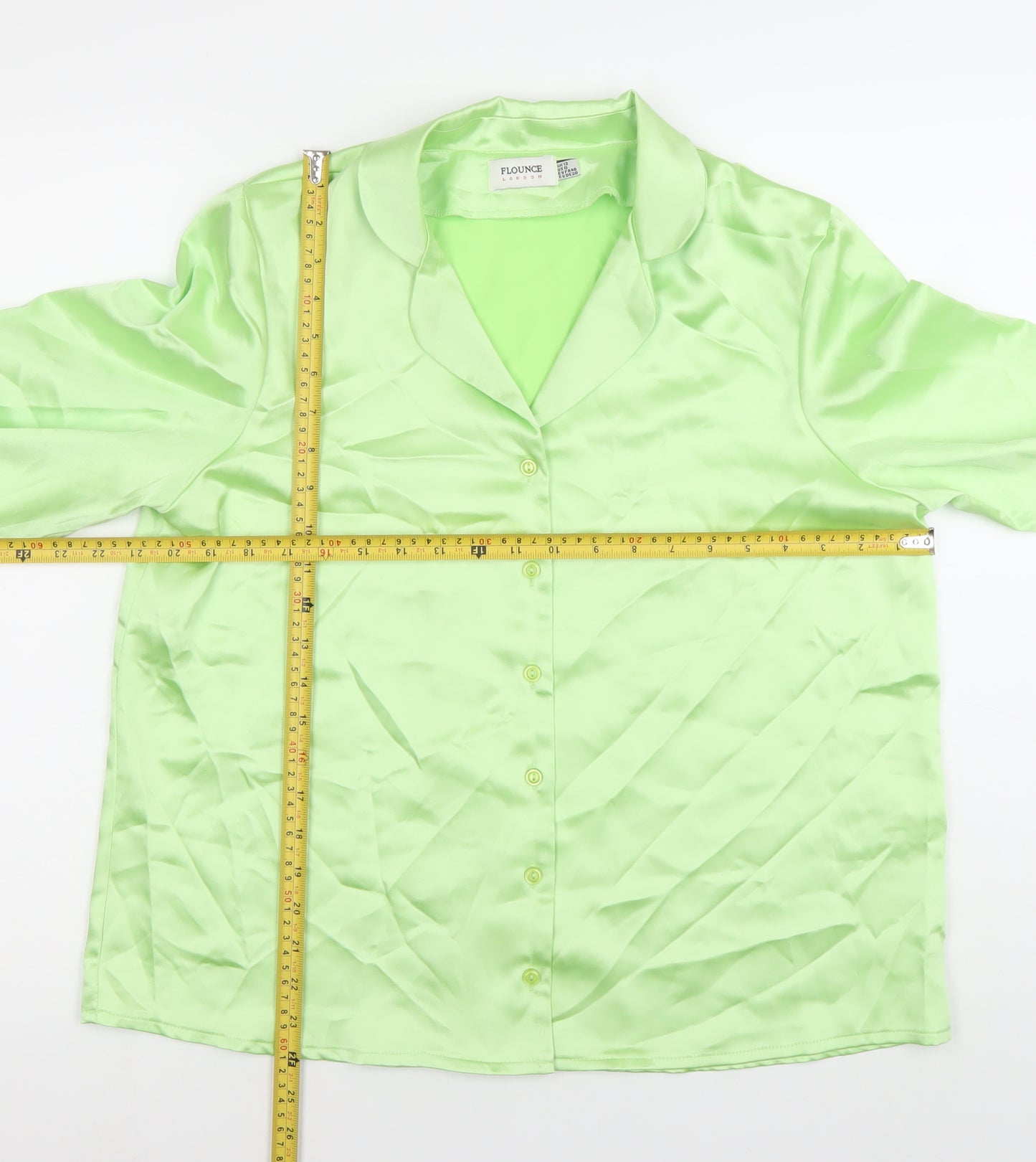 Flounce London Women’s Green Satin Button-Up Shirt Size 12 Regular Fit