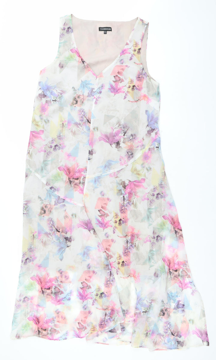Warehouse Women's Multicoloured Floral Chiffon V-Neck Midi Dress Size 12