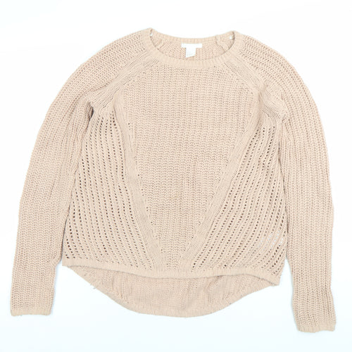 H&M Women's Beige XS Open-Knit Crew Neck Pullover Jumper