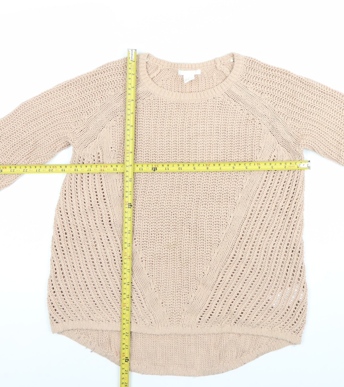 H&M Women's Beige XS Open-Knit Crew Neck Pullover Jumper