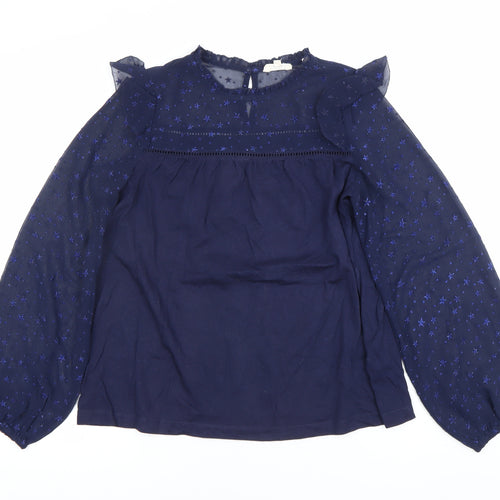 Fat Face Women's Blue Ruffle Sheer Sleeve Star Blouse Size 8
