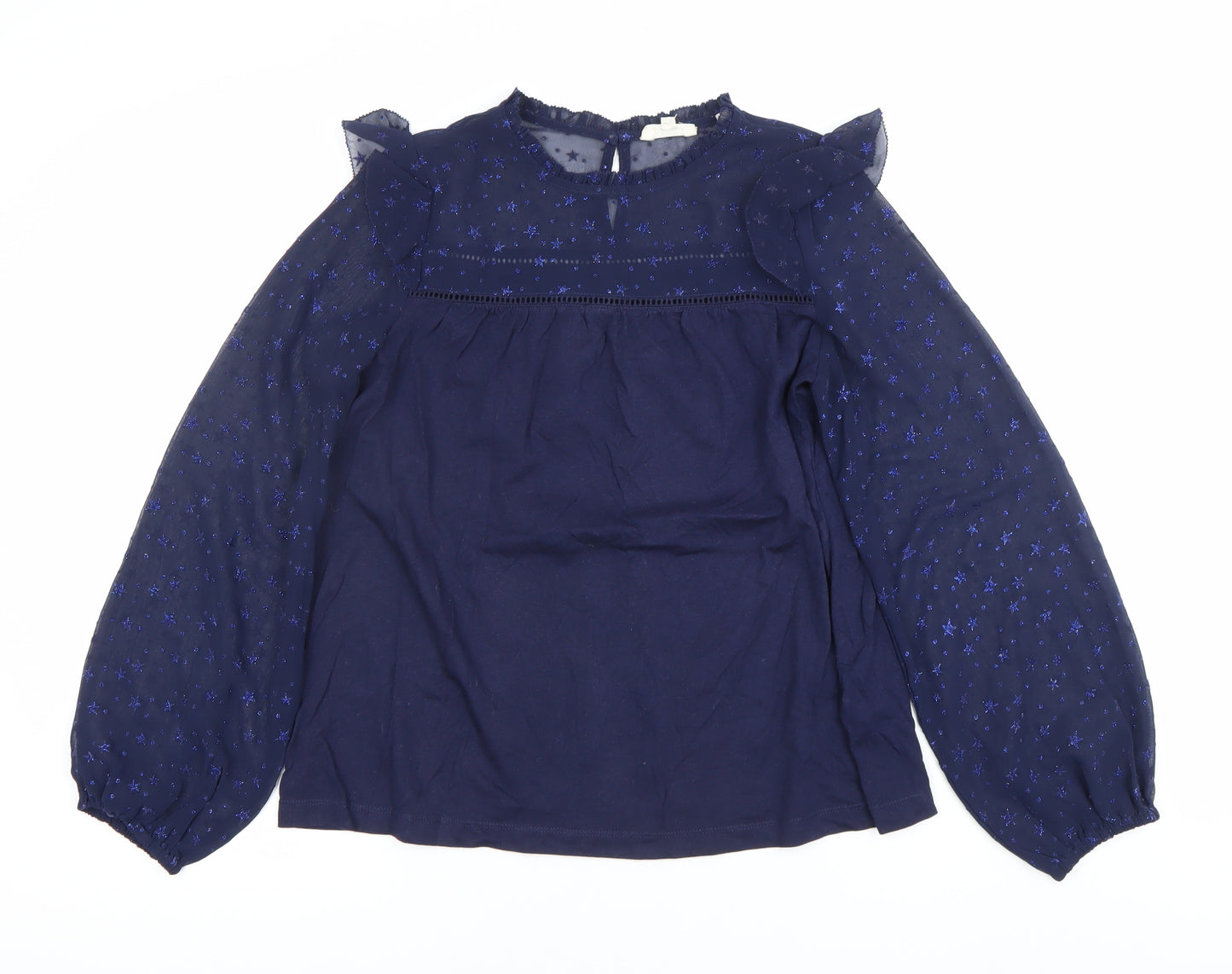 Fat Face Women's Blue Ruffle Sheer Sleeve Star Blouse Size 8