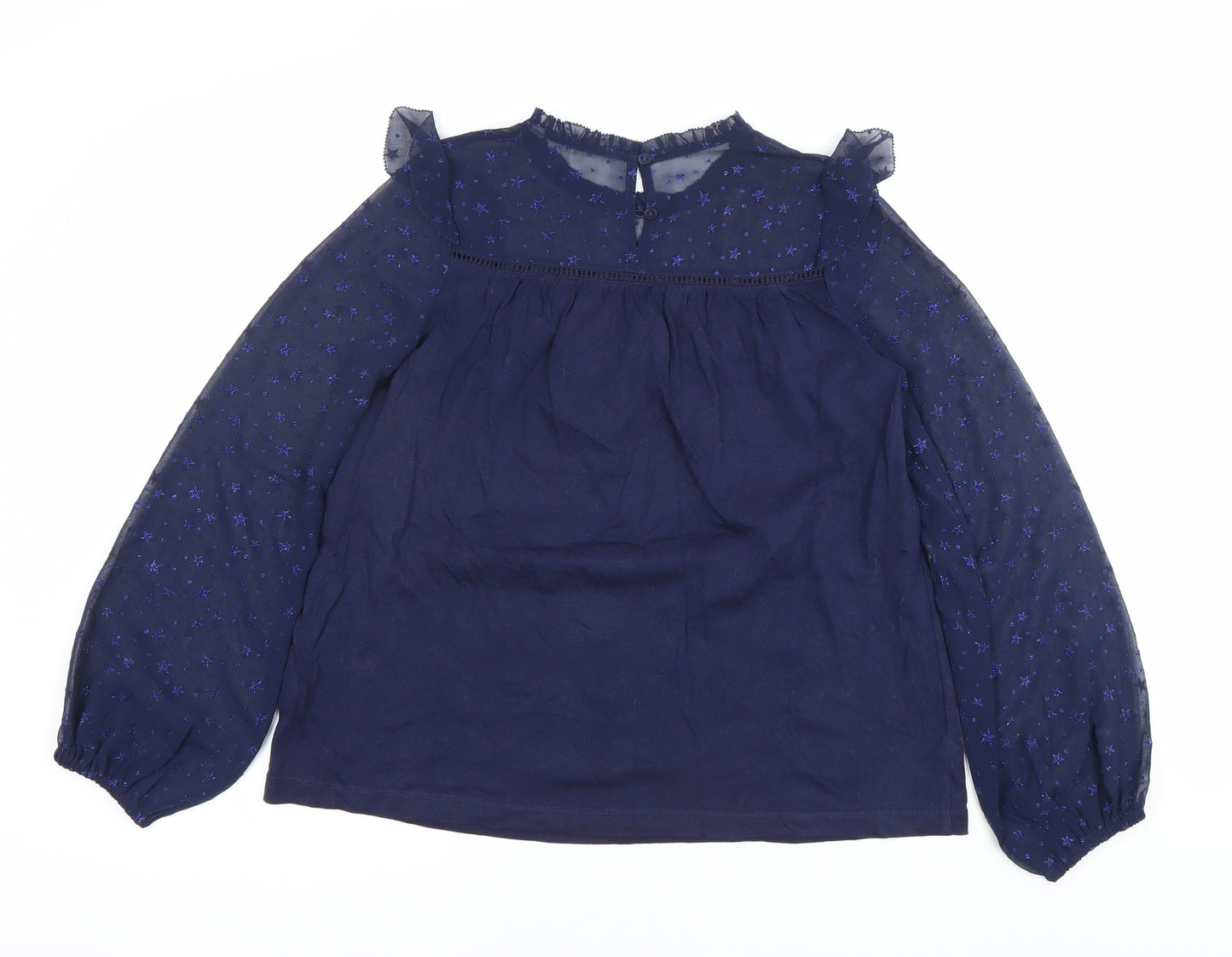 Fat Face Women's Blue Ruffle Sheer Sleeve Star Blouse Size 8