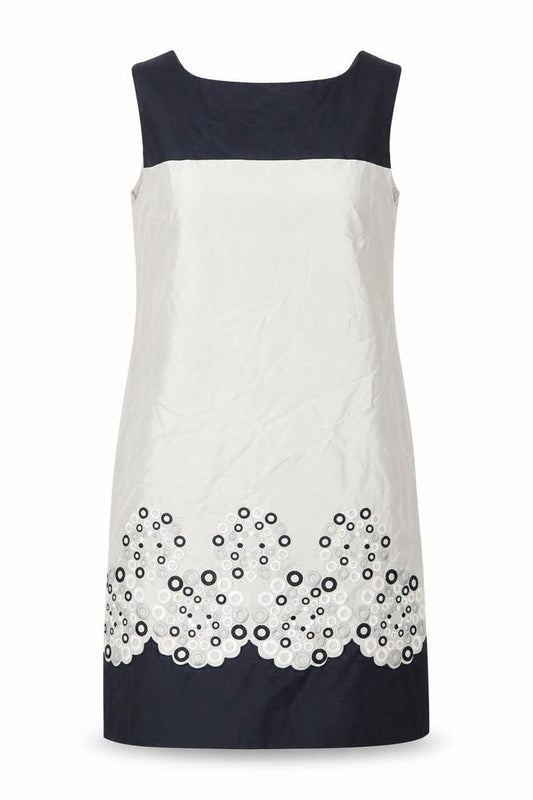 Front view of Monsoon Women’s Beige Sheath Knee Length Dress, size UK 12, Floral