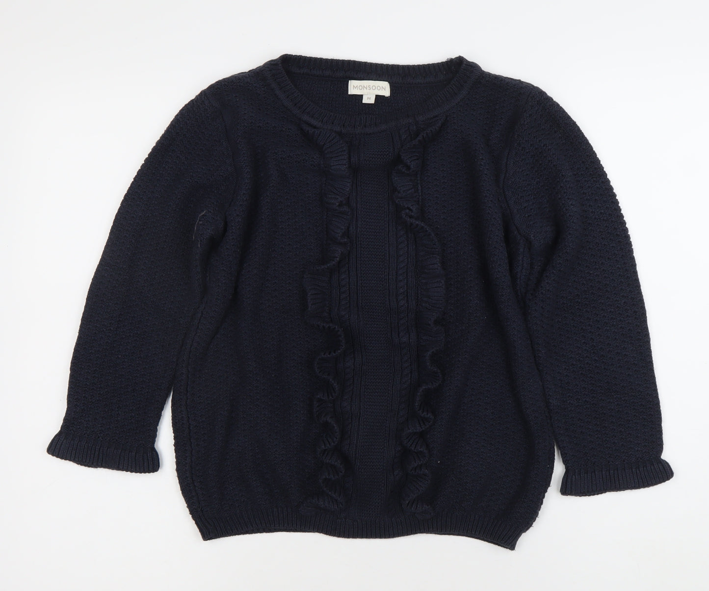 Monsoon Women's Blue Cable-Knit Ruffle Pullover Jumper M