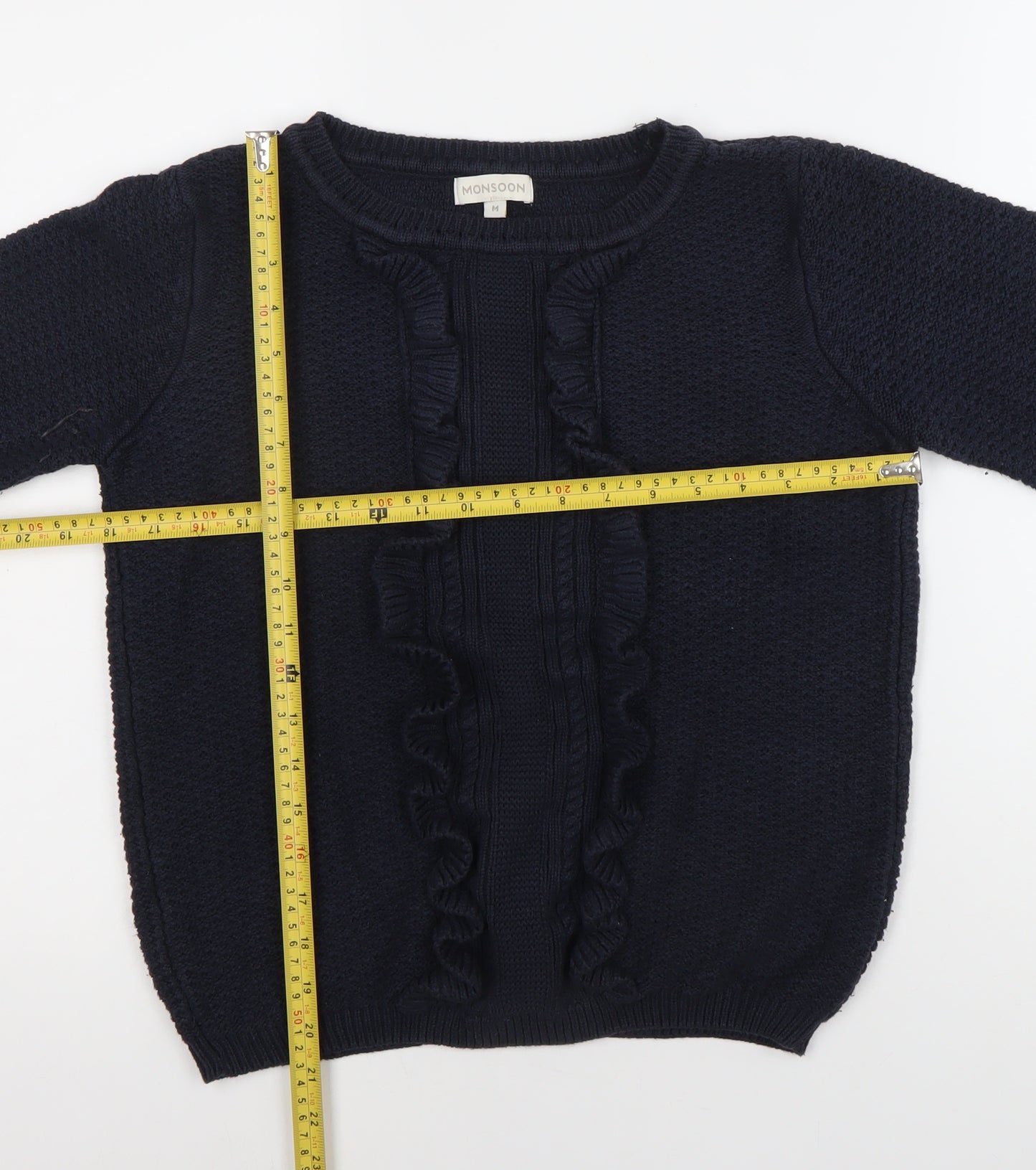 Monsoon Women's Blue Cable-Knit Ruffle Pullover Jumper M