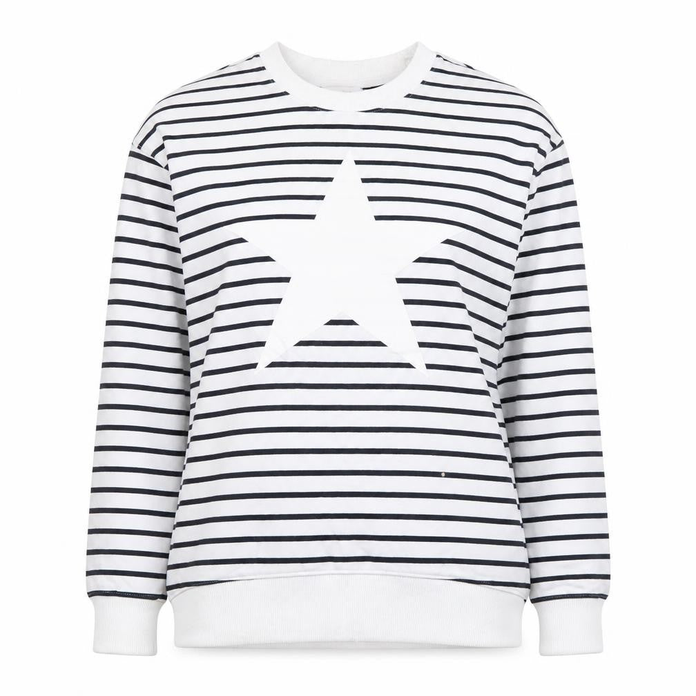 Front view of Stella Morgan Women’s White Striped Star Sweatshirt, size S