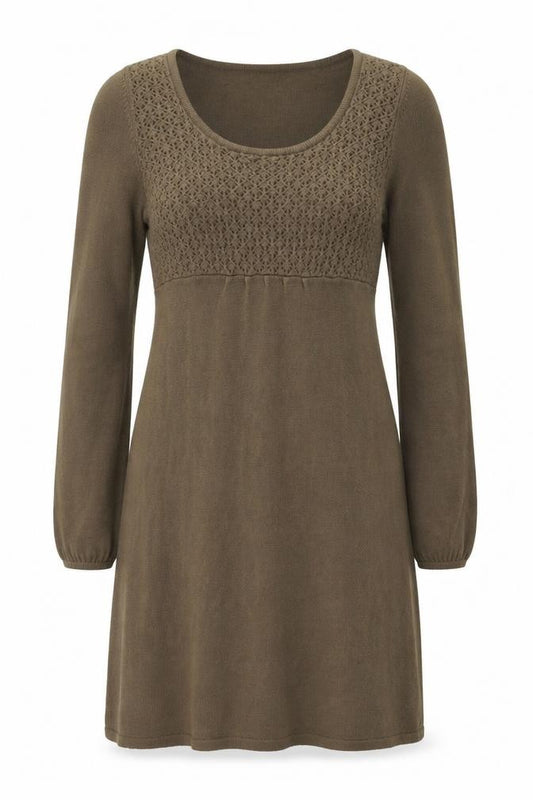 Front view of Ethical Aesthetics Women’s Brown M Jumper Dress Scoop Neck Long Sleeve