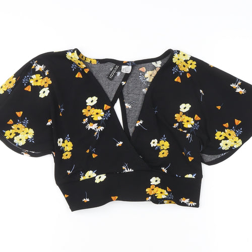 H&M Women's Black Floral Cropped Kimono Sleeve V-Neck Blouse M