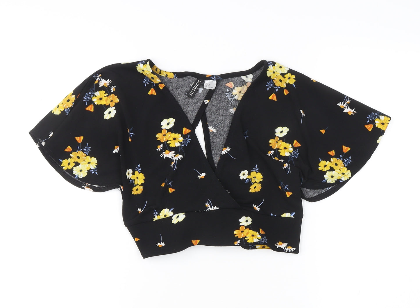 H&M Women's Black Floral Cropped Kimono Sleeve V-Neck Blouse M