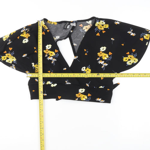 H&M Women's Black Floral Cropped Kimono Sleeve V-Neck Blouse M