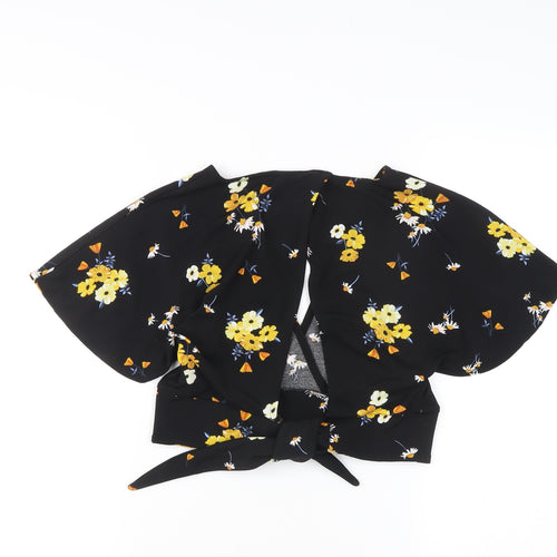 H&M Women's Black Floral Cropped Kimono Sleeve V-Neck Blouse M