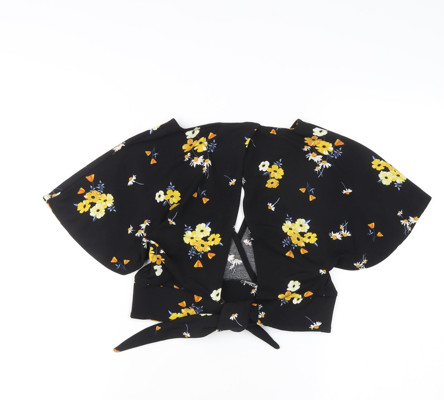 H&M Women's Black Floral Cropped Kimono Sleeve V-Neck Blouse M