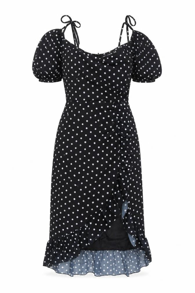 Front view of PRETTYLITTLETHING Women's Black Polka Dot Midi Wrap Dress, size 4