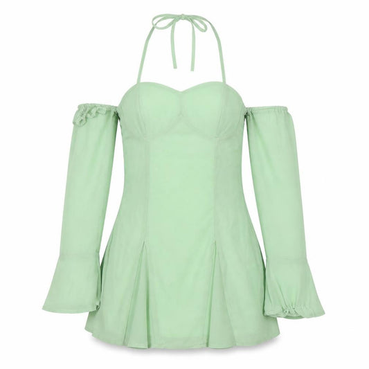 Front view of PRETTYLITTLETHING Women’s Green Chiffon Sweetheart Halter Blouse, size UK 6