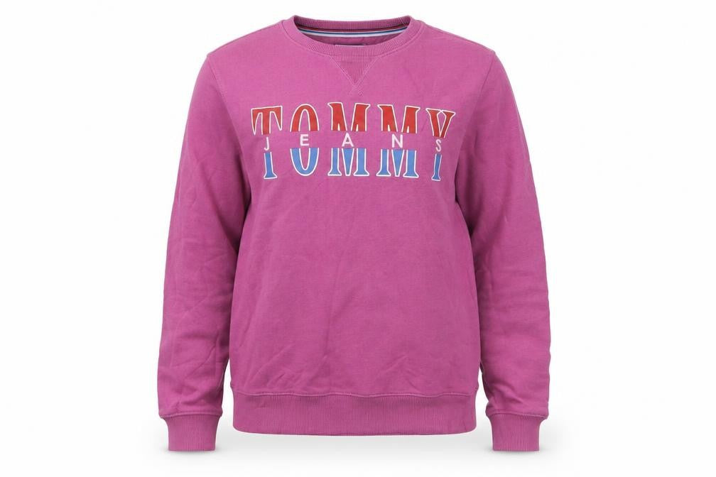 Front view of Tommy Jeans Women's Pink Logo Crew Neck Pullover Sweatshirt, size S