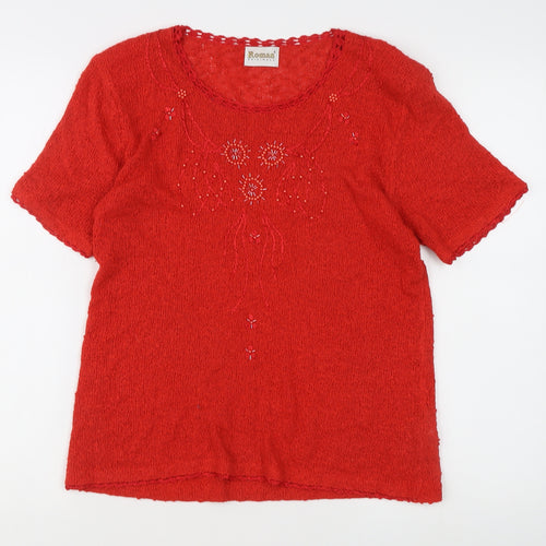 Roman Originals Women's Red Floral Embroidered Knit Jumper L