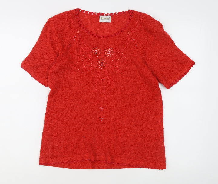 Roman Originals Women's Red Floral Embroidered Knit Jumper L