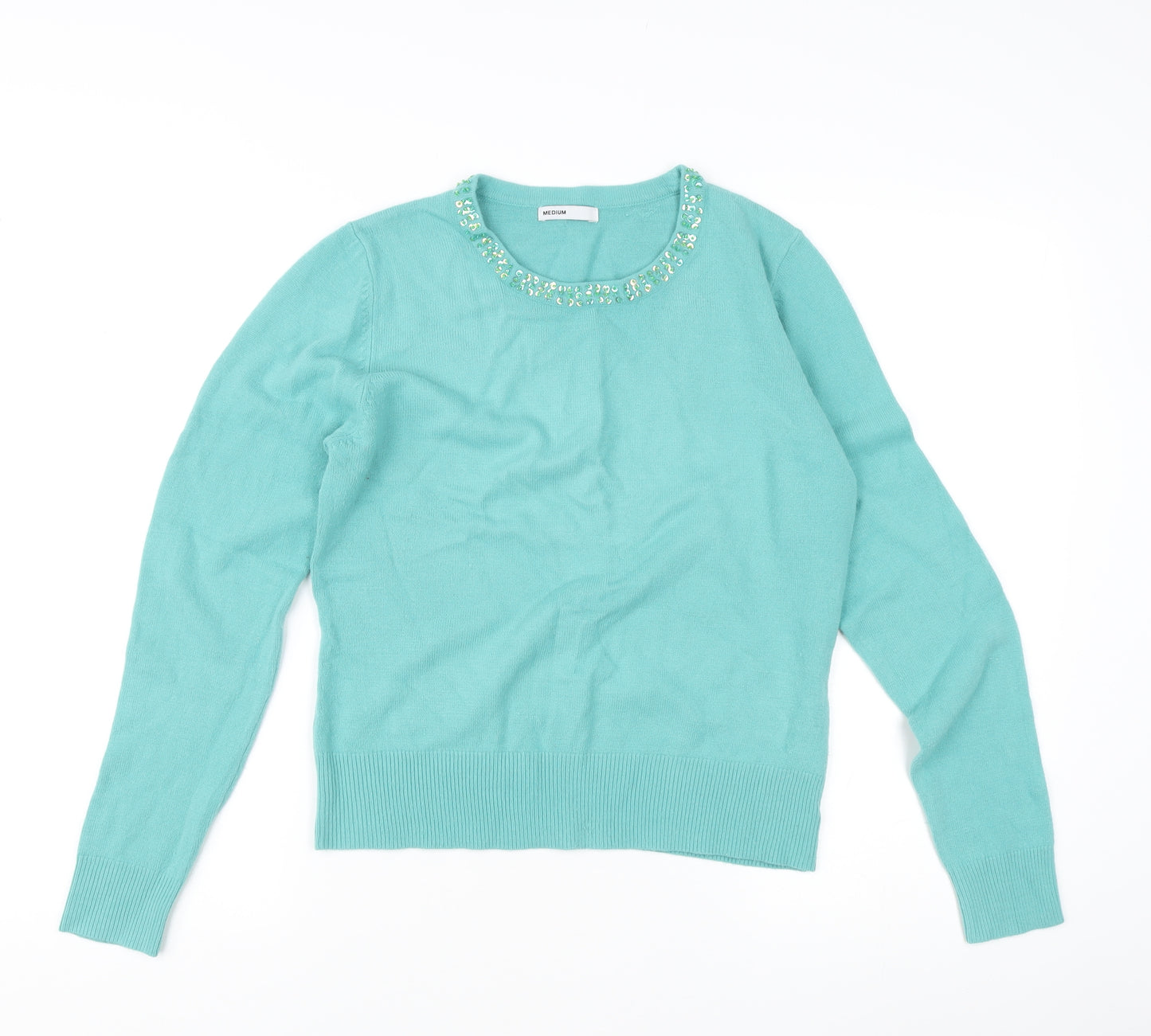 Elise Austen Women's Green Medium Pullover Jumper with Beaded Neck